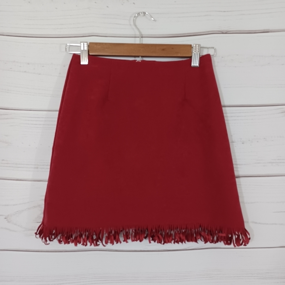 My Michelle Red Fringe Velvet-Feel Mini Skirt Made in the USA Size 3/4